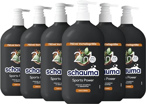 Schauma Schwarzkopf for Men Sports Power Shampoo (6x 750 ml) Kräftigungsshampoo, 2in1 Formel zum waschen von Haar und Körper, Erlebe mit Carnitin-T & Protein den Frische-Kick von Schauma