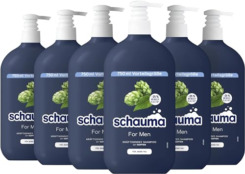 Schauma Schwarzkopf Shampoo For Men mit Hopfen, Kräftigendes Shampoo vom Ansatz an bis in die Spitzen, 6er Pack (6x 750 ml), vegane Formel, aus recyceltem Plastik von Schauma