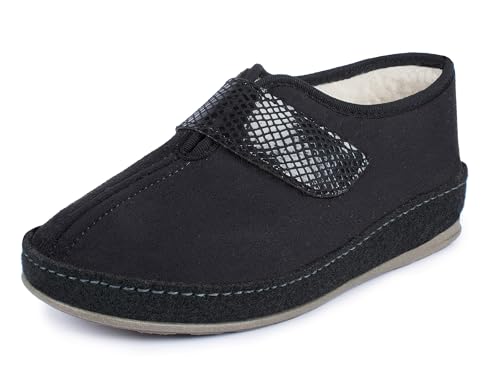 Schawos Damen Filz Hausschuh 2063 warm gefüttert Schurwolle rutschhemmend Klettverschluss (Schwarz, EU Schuhgrößensystem, Erwachsene, Damen, Numerisch, M, 36) von Schawos
