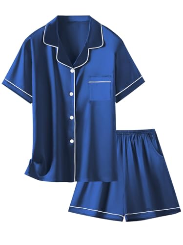 Schbbbta Mädchen Damen Pyjamas Satin Seidige Pjs Set Kinder 2 Stücke Button-Down Nachtwäsche Nachtwäsche Geschenk für Mama und mich, Dunkelblau, 9-10 Jahre von Schbbbta
