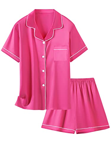 Schbbbta Mädchen & Frauen Satin Pyjama Set, 2 Stück Seide Nachtwäsche Button-Down Nachtwäsche für Teenager Kinder, 3 Jahre - Frauen XXL, Rosenrot, S von Schbbbta