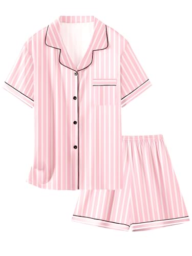 Schbbbta Satin-Schlafanzug-Set für Mädchen und Damen, Seide, langärmelig, Nachtwäsche, Button-Down-Nachtwäsche, 3 Jahre, Größe XXL, Rosa gestreift, 11-12 Years von Schbbbta