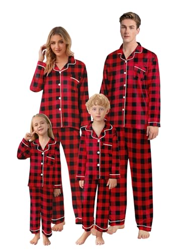 Schbbbta Seiden-Pyjama-Set für Mädchen und Damen, Satin-Nachtwäsche, Button-Down-Nachtwäsche, 3 Jahre, Größe XXL, Rot / Schwarz kariert, 11-12 Years von Schbbbta