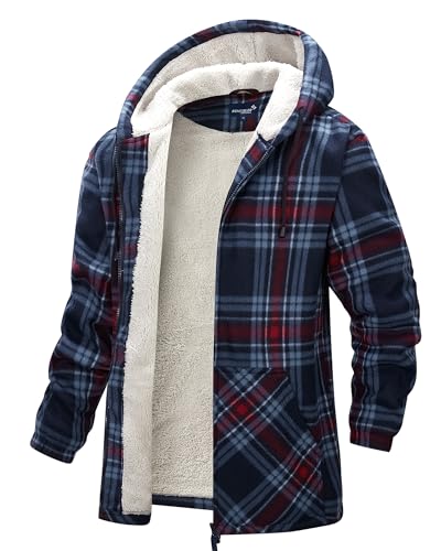 Scheibler Herren Holzfällerhemd mit Kapuze Winter Flanellhemd Fleecejacke Thermohemd Sherpa Arbeitsjacke Karierte Holzfäller Jacke Gefüttert FleeceFutter - navy-blau-rot-kariert-XXL von Scheibler