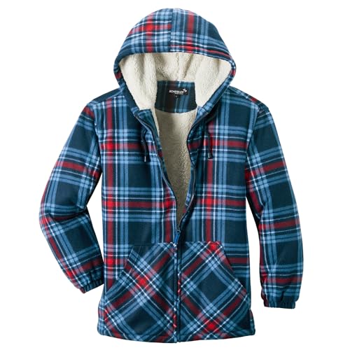 Scheibler Fleecejacke Herren Outdoor mit Kapuze - Winter-Arbeitsjacke Herren weich gefüttert - Übergangsjacke Herren Holzfäller-Style - Thermojacke Herren - navy-blau-rot-kariert von Scheibler