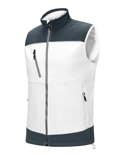 Scheibler Herren Arbeitsweste Softshell Weste Wasserbeständig Winddichte Outdoorweste mit 7 Taschen Laufweste mit Fleece Innenseite Ärmellose Jacke für Radfahren Golf Arbeit Weiß/Anthrazit L von Scheibler