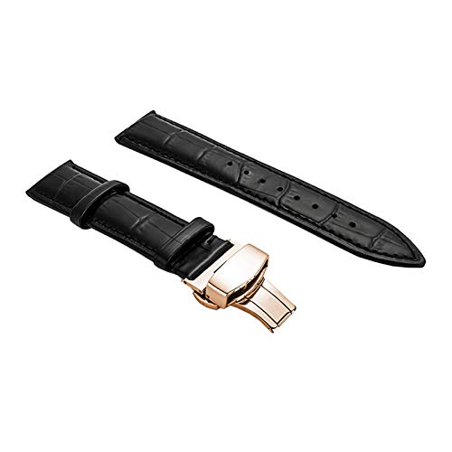 12-24mm Männer Glatte Oberfläche Echtes Lederband Quick Release Schmetterling Schnalle Uhrenarmband handgenähten Elegante Armband-Uhrenarmbänder Rose Gold Buckle-Schwarze Armbänder, 13mm von Scherry