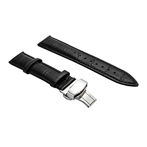 12-24mm Männer Glatte Oberfläche Echtes Lederband Quick Release Schmetterling Schnalle Uhrenarmband handgenähten Elegante Armband-Uhrenarmbänder Silver Buckle-Schwarze Armbänder, 13mm von Scherry