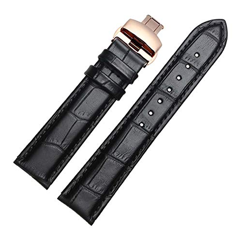 14mm-24mm echtes Leder-Mann-Uhrenarmband-Armband Quick Release Butterflyschließe handgenähte Armband Ersatz Schwarz Schwarz Armband mit Rosegold Buckle, 20mm von Scherry
