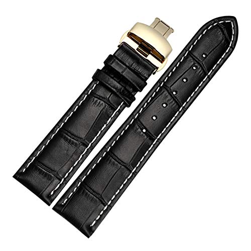 14mm-24mm echtes Leder-Mann-Uhrenarmband-Armband Quick Release Butterflyschließe handgenähte Armband Ersatz Schwarz-weißer Armband mit Goldschnalle, 24mm von Scherry