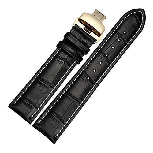 14mm-24mm echtes Leder-Mann-Uhrenarmband-Armband Quick Release Butterflyschließe handgenähte Armband Ersatz Schwarz-weißer Armband mit Rosegold Buckle, 14mm von Scherry