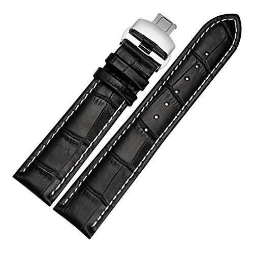 14mm-24mm echtes Leder-Mann-Uhrenarmband-Armband Quick Release Butterflyschließe handgenähte Armband Ersatz Schwarz-weißer Armband mit Silber Schnalle, 23mm von Scherry