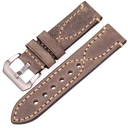 Handgefertigte Lederuhrenarmbänder Männer Frauen Schwarz Braun, Grün, Grau 22mm 24mm dick Uhrenarmband-Bügel Stahl Schnalle Grau Silber Buckle, 24mm von Scherry