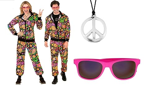 80er Jahre Hippie Trainingsanzug Gr. S-XXL – mit pinker Brille und Peace Kette (L - 175-180cm) von Scherzwelt.de Kostüme und mehr