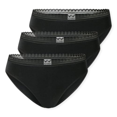 SCHIESSER Damen Slip Rio im 3er Pack - Größe 46 in Schwarz - Atmungsaktive Baumwollslips mit Spitzenbändern am Bund - Elastisches Single-Jersey - Bequeme Unterwäsche mit komfortablem Sitz von Schiesser