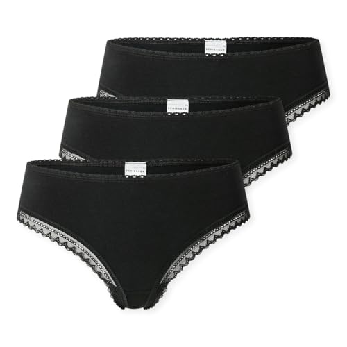 SCHIESSER Damen Tanga String im 3er Pack - Größe 44 Schwarz - Atmungsaktive Baumwolltangas mit Spitzenbändern am Bund - Elastisches Single-Jersey - Bequeme Unterwäsche mit komfortablem Sitz von Schiesser
