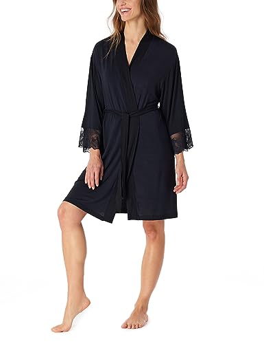 Schiesser Damen Kimono mit Spitze 90cm Länge-Sensual Premium Bademantel, schwarz, L von Schiesser