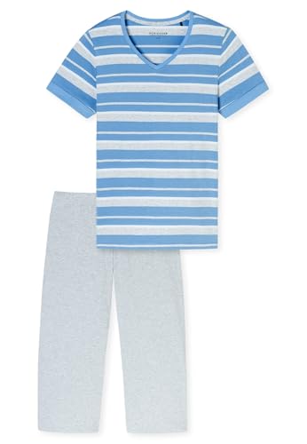 Schiesser Damen Schlafanzug 3/4-lang Casual Essentials hellblau gestreift V-Ausschnitt grau melierte Hose Single Jersey Nachtwäsche 181254-805 von Schiesser