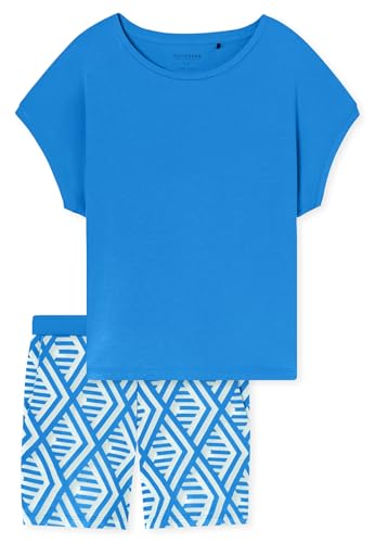 Schiesser Damen Schlafanzug kurz Modern Nightwear Interlock Baumwolle Modal Loose Fit Oberteil Aquariumblau Hose mit Muster Sommer Nachtwäsche 182543-813 von Schiesser