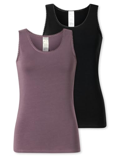 Schiesser Damen Trägertop 2er-Pack - Größe 42 - Modern Multipacks schwarz/lila - Unterhemd mit Spitze - Damenwäsche aus 95% Baumwolle und 5% Elasthan - angenehm weich & elastisch von Schiesser
