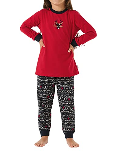 Schiesser Mädchen Schlafanzug lang – Einhorn, Sterne, Dots, Waldmotive und Hexen – Organic Cotton Pyjamaset, rot I, 92 von Schiesser