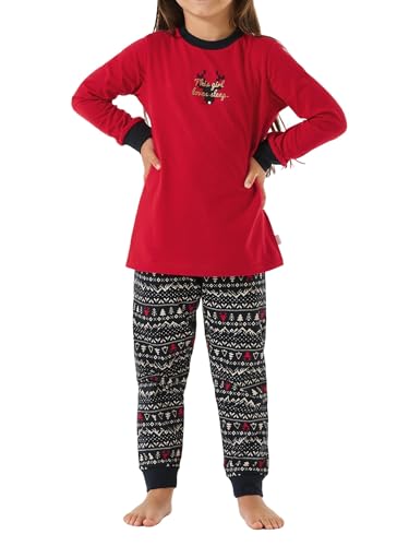 Schiesser Mädchen Schlafanzug lang – Einhorn, Sterne, Dots, Waldmotive und Hexen – Organic Cotton Pyjamaset, rot I, 98 von Schiesser