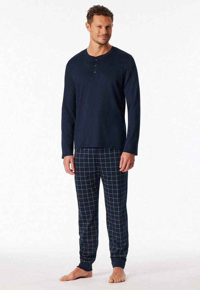 Schiesser Pyjama Fine Interlock (2 tlg) Rundhalsausschnitt mit Kopfleiste, langärmelig, Komfortbund von Schiesser