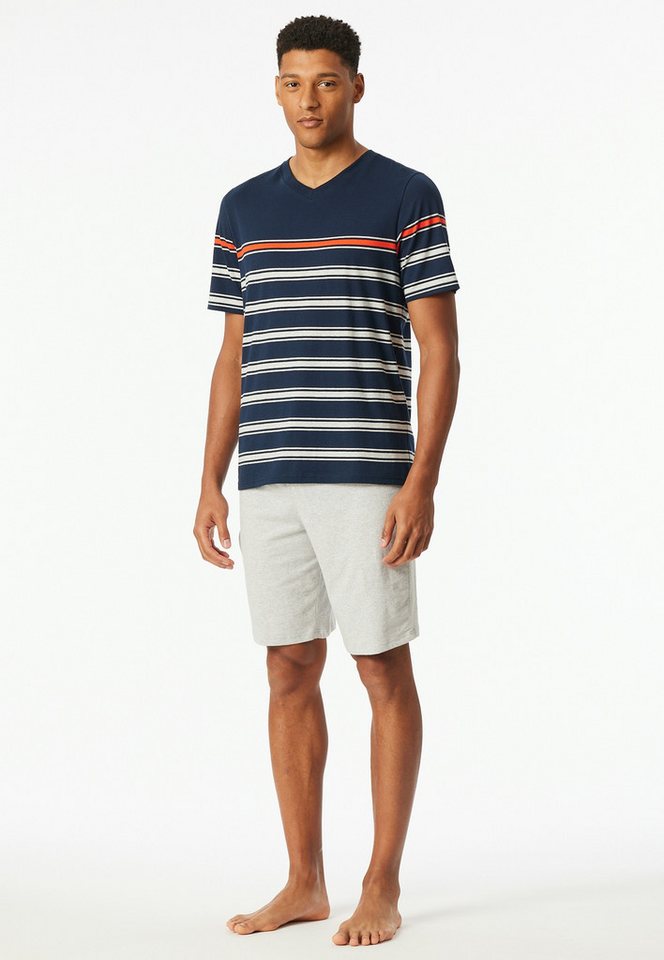 Schiesser Shorty Casual Nightwear (2 tlg) Shirt mit V-Ausschnitt und platzierten Ringeln von Schiesser