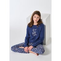 Schlafanzug lang Bündchen Animal Print jeansblau - Teens Nightwear 164 von Schiesser