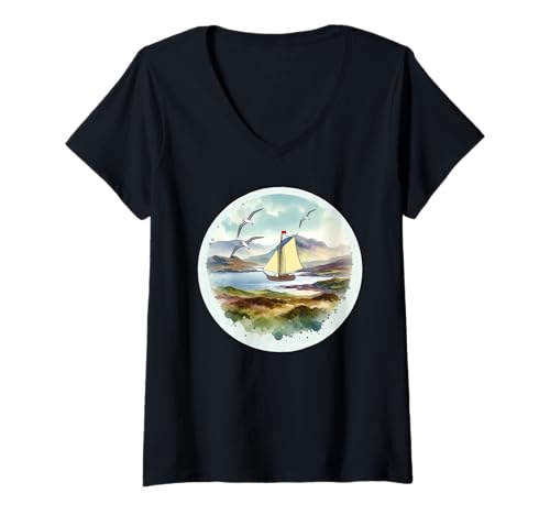 Damen maritim Schiff Schiffe Natur Möwe Segelschiff Boot T-Shirt mit V-Ausschnitt von Schiff Schiffe Boot