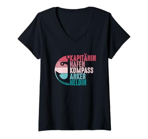 Damen Kapitänin Hafen Kompass Anker Retro Seglerin Skipperin T-Shirt mit V-Ausschnitt von Schiffskapitänin Segelmode