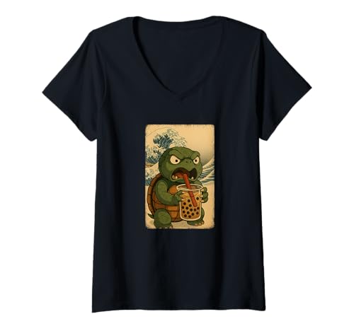 Damen Schildkröte drinkt Bubble Tea Japanisches Vintage T-Shirt mit V-Ausschnitt Damen Schildkröte drinkt Bubble Tea Japanisches Vintage T-Shirt mit V-Ausschnitt von Schildkröte Bubble Tea Retro Kawaii Shop