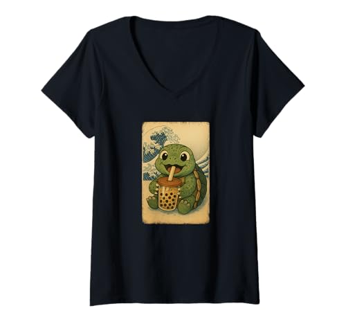 Damen Schildkröte drinkt Bubble Tea Japanisches Vintage T-Shirt mit V-Ausschnitt Damen Schildkröte drinkt Bubble Tea Japanisches Vintage T-Shirt mit V-Ausschnitt von Schildkröte Bubble Tea Retro Kawaii Shop