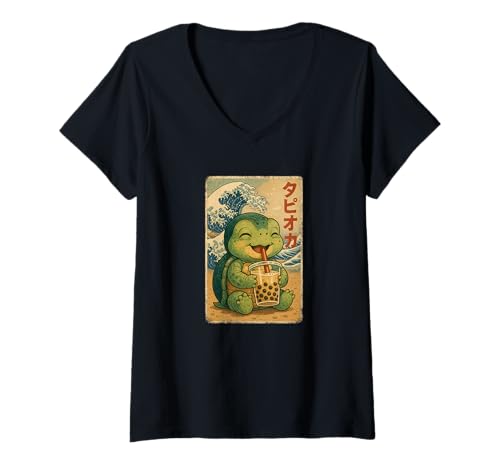 Damen Schildkröte drinkt Bubble Tea Japanisches Vintage T-Shirt mit V-Ausschnitt Damen Schildkröte drinkt Bubble Tea Japanisches Vintage T-Shirt mit V-Ausschnitt von Schildkröte Bubble Tea Retro Kawaii Shop