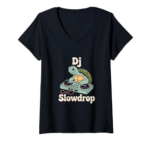 Damen Dj Slowdrop Schildkröte DJ Meme Lustig Rave Beat T-Shirt mit V-Ausschnitt Damen Dj Slowdrop Schildkröte DJ Meme Lustig Rave Beat T-Shirt mit V-Ausschnitt von Schildkröte DJ Humor EDM Techno Rave Party