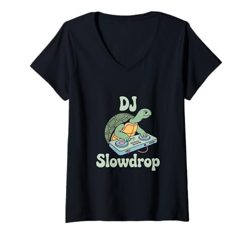 Damen DJ Slowdrop Schildkröte Mit Mischpult Party Humor T-Shirt mit V-Ausschnitt Damen DJ Slowdrop Schildkröte Mit Mischpult Party Humor T-Shirt mit V-Ausschnitt von Schildkröte DJ Plattenspieler Musik Club Humor