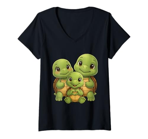 Damen Schildkröte mit Herz und Familie | Süße Schildkröten Familie T-Shirt mit V-Ausschnitt von Schildkröte Designer Designs
