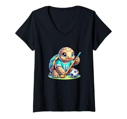 Damen Niedliche Schildkröte Feldhockey Nummer 10 Fußball T-Shirt mit V-Ausschnitt von Schildkröte Feldhockey Nummer 10 Fußball Kinder