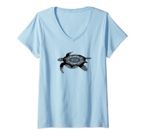 Damen Schildkröte Mandala Meerestier T-Shirt mit V-Ausschnitt von Schildkröte Mandala Meerestier