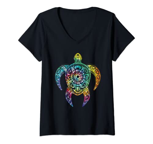 Damen Bunte Schildkröte Aquarell Maori Ozean Scuba S-XXXL T-Shirt mit V-Ausschnitt von Schildkröte bunt Maori Ozean Meer Scuba