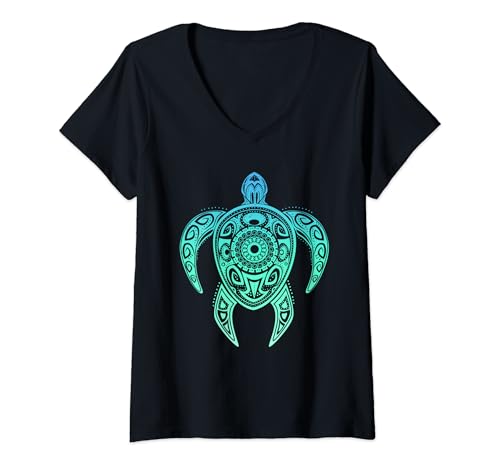 Damen Bunte Schildkröte Aquarell Maori Ozean Scuba S-XXXL T-Shirt mit V-Ausschnitt von Schildkröte bunt Maori Ozean Meer Scuba