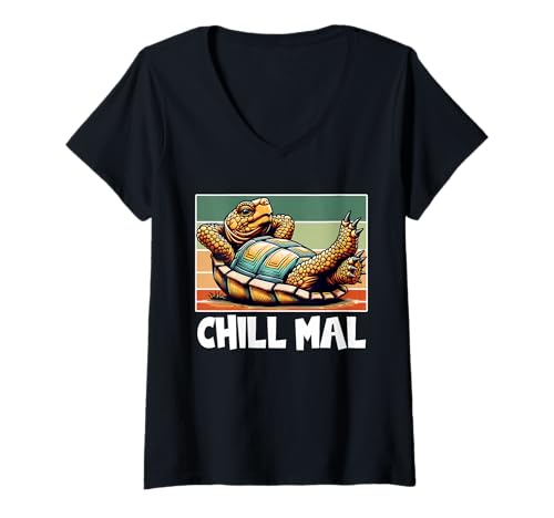 Damen Schildkröten Design Relax Chillkröte Tierliebhaber T-Shirt mit V-Ausschnitt von Schildkröten Liebhaber Lustiger Spruch Chillen