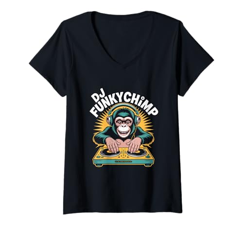Damen DJ FUNKYCHiMP AFFE DJ Turntable Kopfhörer Party Club Musik T-Shirt mit V-Ausschnitt Damen DJ FUNKYCHiMP AFFE DJ Turntable Kopfhörer Party Club Musik T-Shirt mit V-Ausschnitt von Schimpanse Affe Musik Club Party Festival Rave