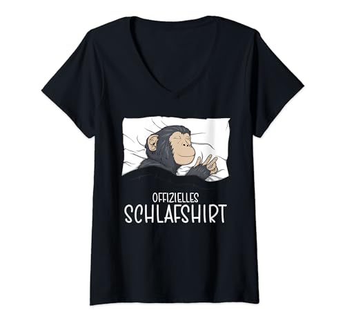 Damen Offizielles Schlafshirt Affe, Schlafanzug Schimpanse T-Shirt mit V-Ausschnitt von Schlafanzug Damen & Herren, Pyjama Kinder