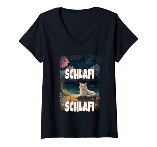Damen Schlafi Schlafi Lustige Katze Gute Nacht Katzen Kitti Schlaf T-Shirt mit V-Ausschnitt von Schlafanzug Lustige Katze Schlafi Schlafi Pyjama