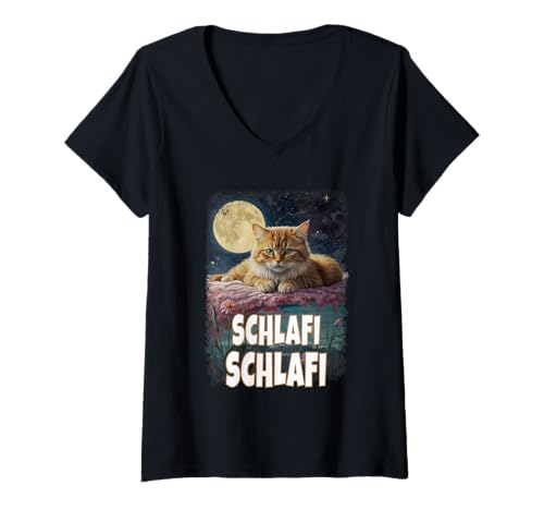 Damen Schlafi Schlafi Lustige Katze Gute Nacht Katzen Kitti Schlaf T-Shirt mit V-Ausschnitt von Schlafanzug Lustiges Katzen Pyjama Katze Schlafi