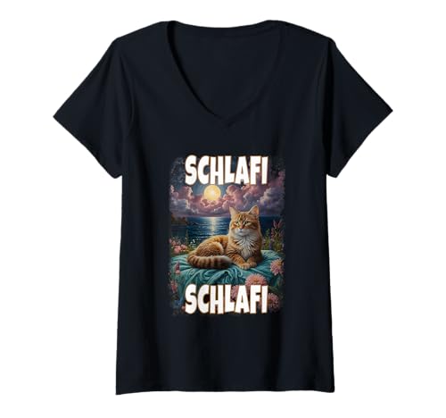Damen Schlafi Schlafi Lustige Katze Gute Nacht Katzen Kitti Schlaf T-Shirt mit V-Ausschnitt von Schlafanzug Lustiges Katzen Pyjama Schlafi Katze