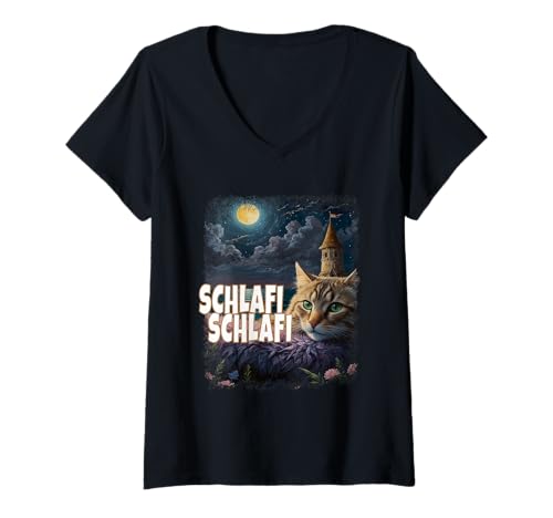Damen Schlafi Schlafi Lustige Katze Gute Nacht Katzen Kitti Schlaf T-Shirt mit V-Ausschnitt von Schlafanzug Lustiges Katzen Schlafi Pyjama Katze