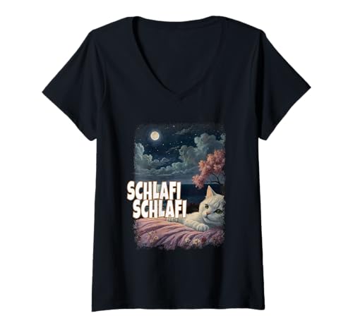 Damen Schlafi Schlafi Lustige Katze Gute Nacht Katzen Kitti Schlaf T-Shirt mit V-Ausschnitt Damen Schlafi Schlafi Lustige Katze Gute Nacht Katzen Kitti Schlaf T-Shirt mit V-Ausschnitt von Schlafanzug Lustiges Schlafi Katzen Pyjama Katze
