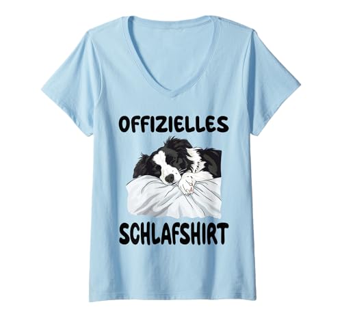 Damen Lustiges Border Collie Hund Offizielles Schlafshirt T-Shirt mit V-Ausschnitt von Schlafanzug Nachthemd Nachtwäsche Co.